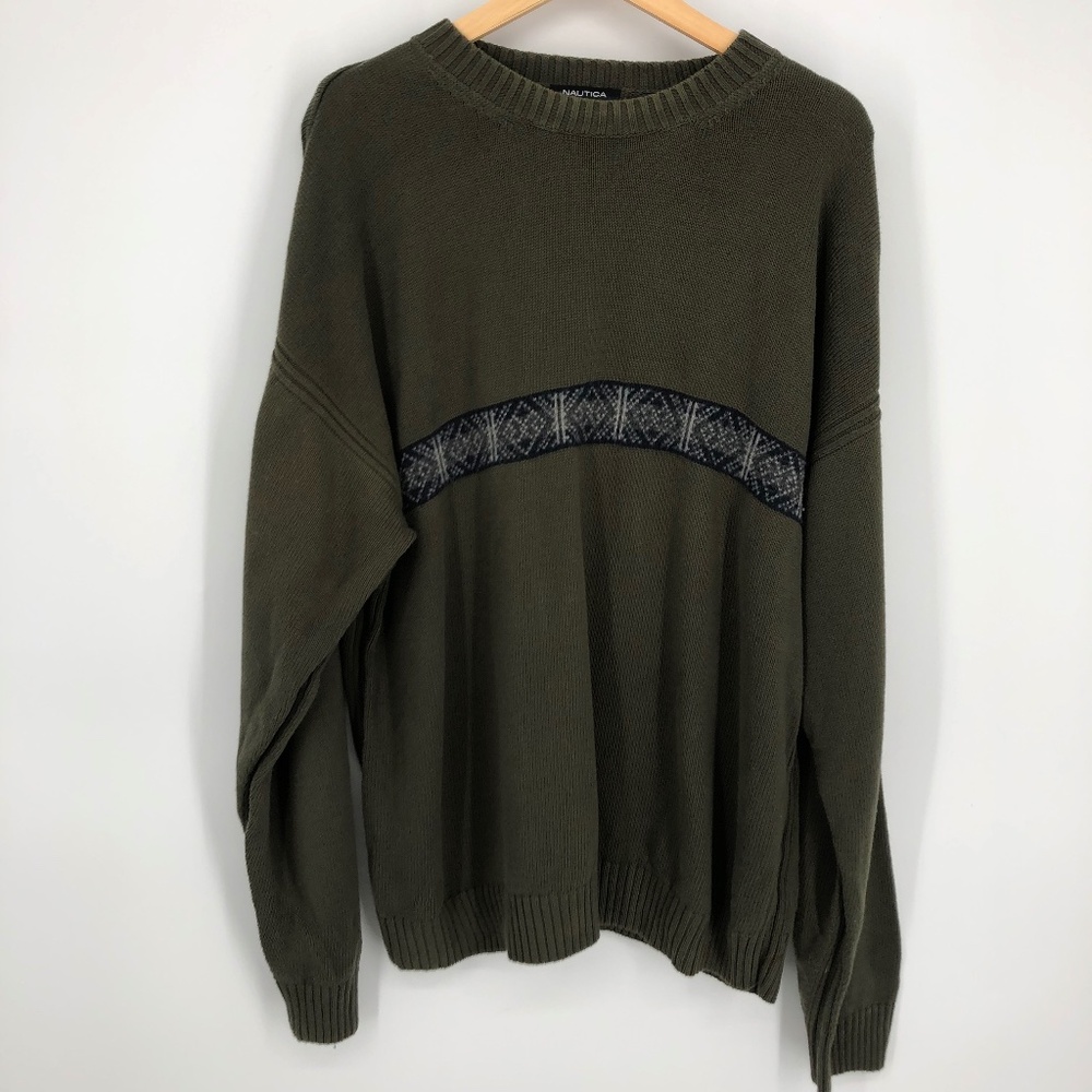 Nautica Mens Sweater Size XXL Green Olive Nordic Fair Isle Cotton Wool‎ Pullover